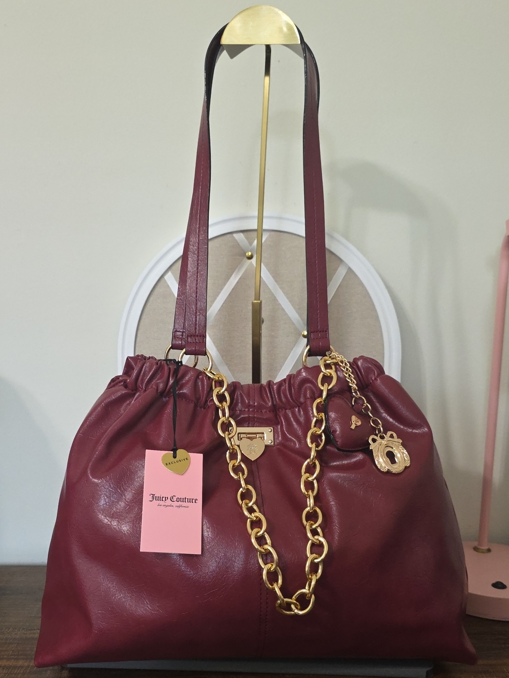Juicy Couture Nwt Cranberry Hobo Shoulder Bag with Gold Chain Accent & Charms.